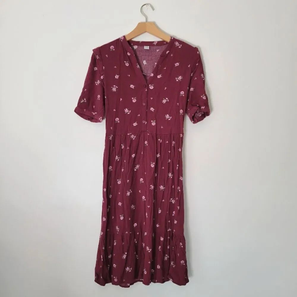 Old Navy Burgundy Floral Midi Dress Ruffle Small